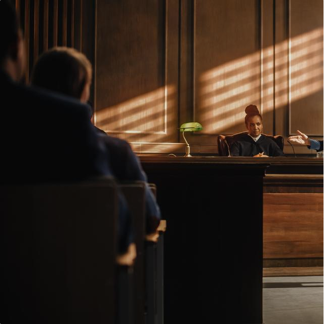 A court room image showing a judge sitting to adjudicate on matters